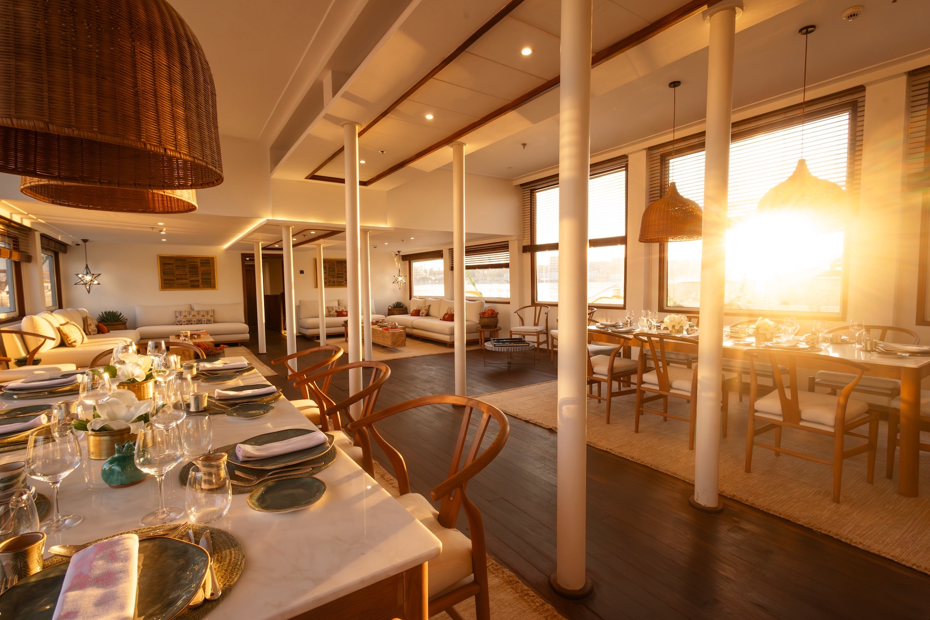Dining room aboard Gaia Dahabiya at sunset
