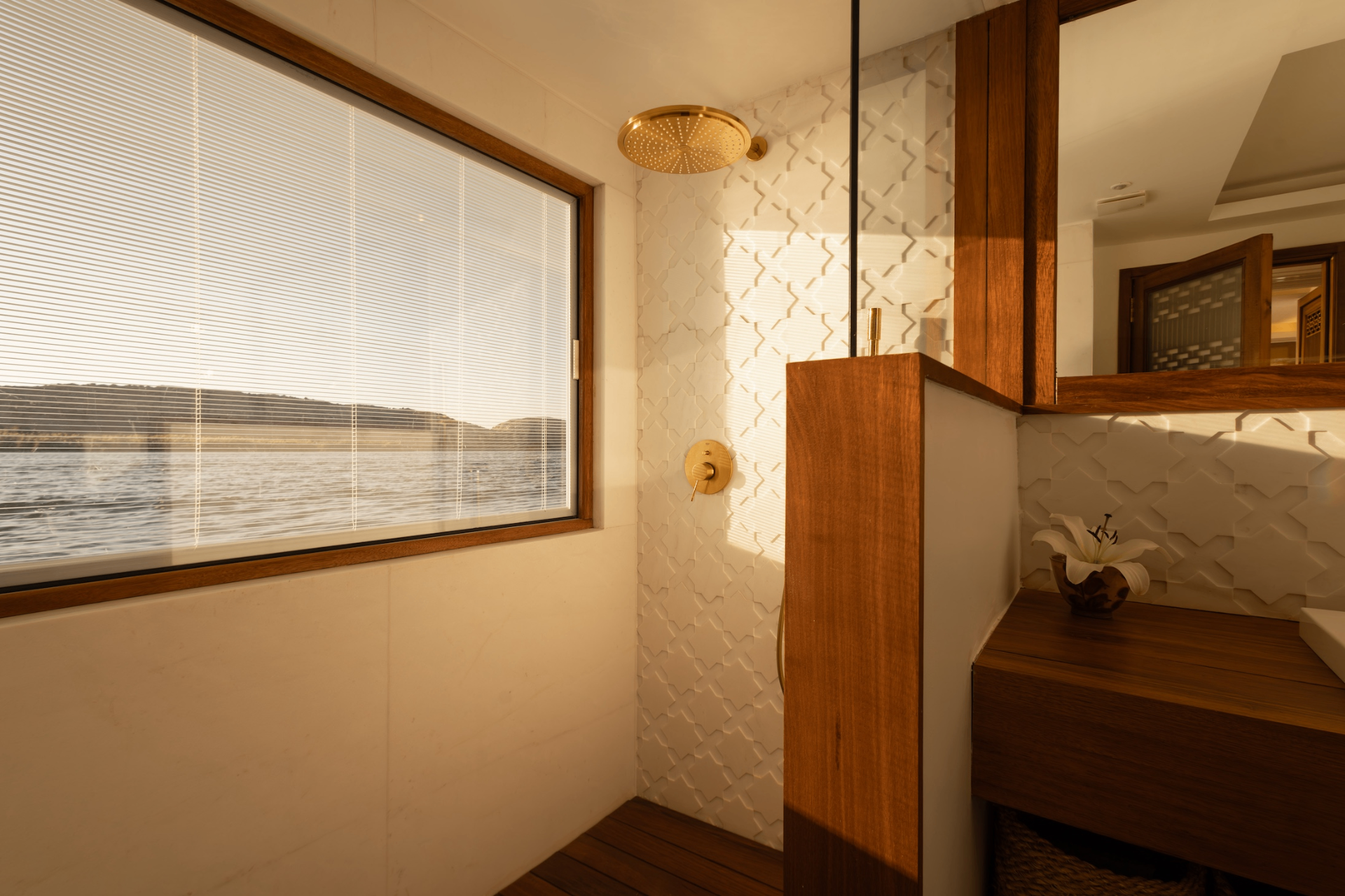 En-suite bathroom with brass shower aboard Gaia