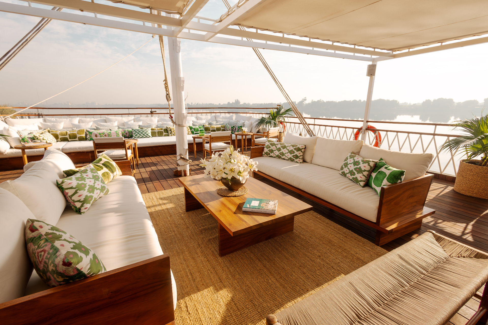 Open lounge on the upper deck of Gaia Dahabiya