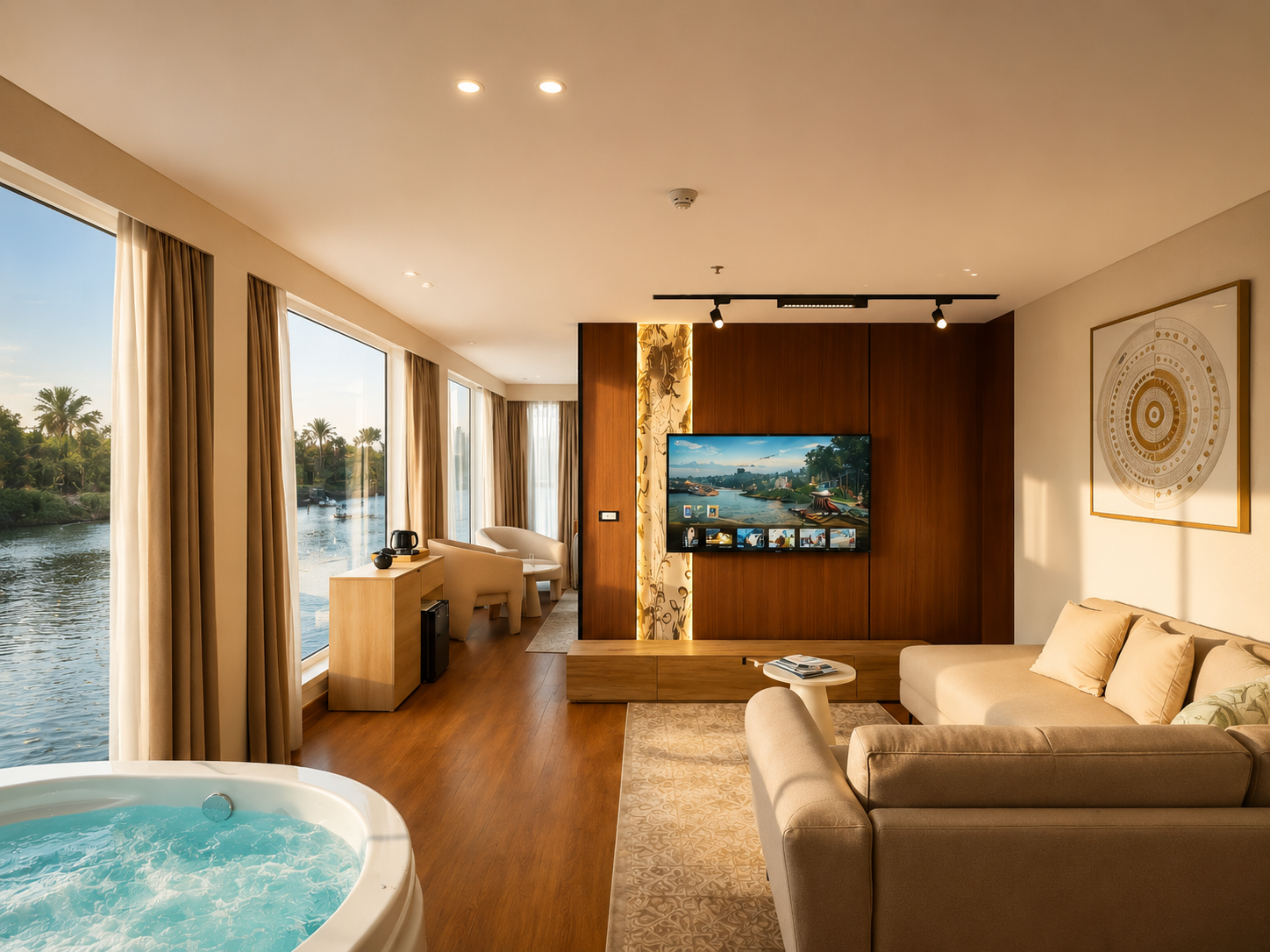 Royal Suite living area with Jacuzzi and Nile view