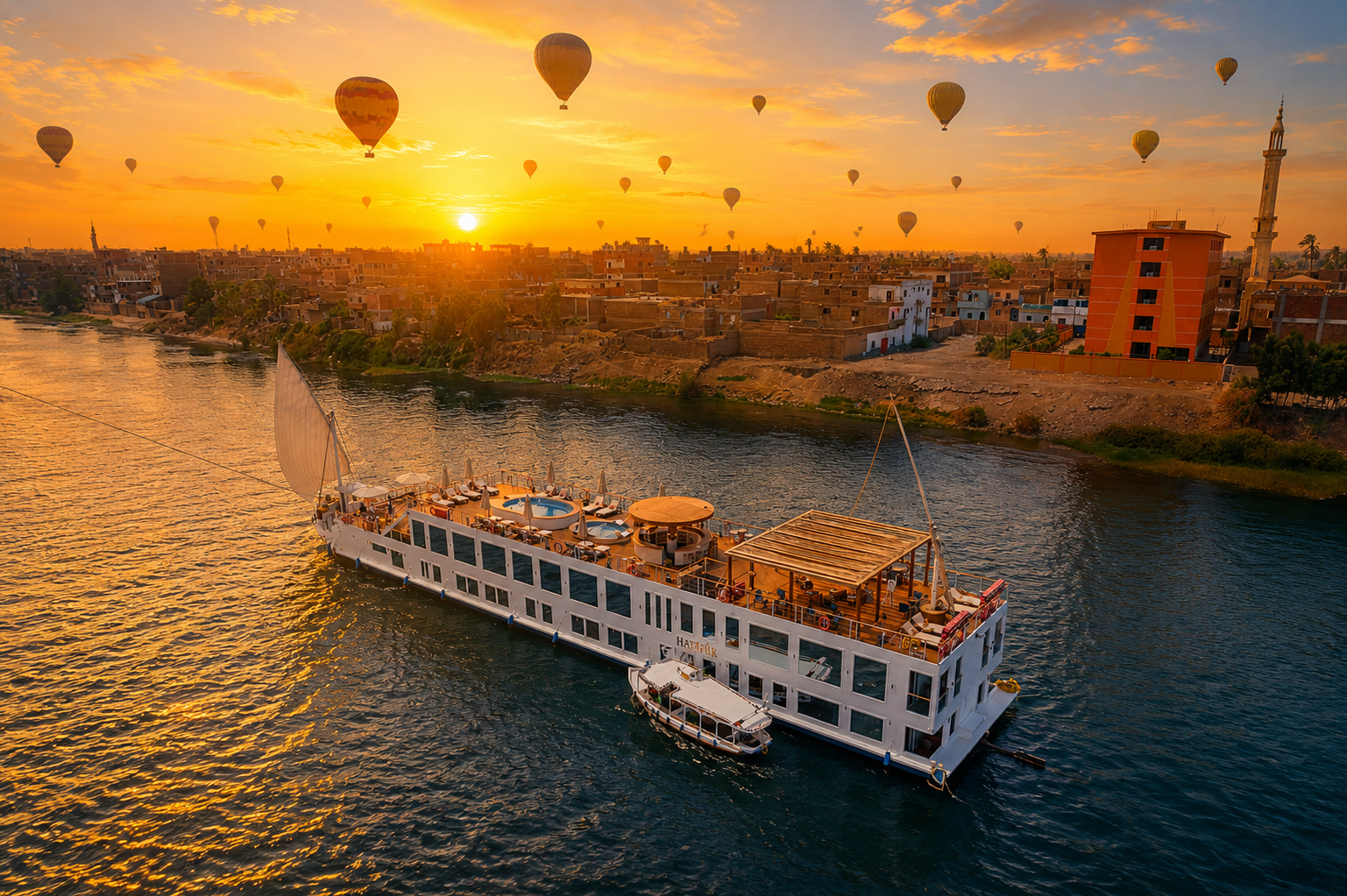 Hathor Dahabiya sailing on the Nile at sunset