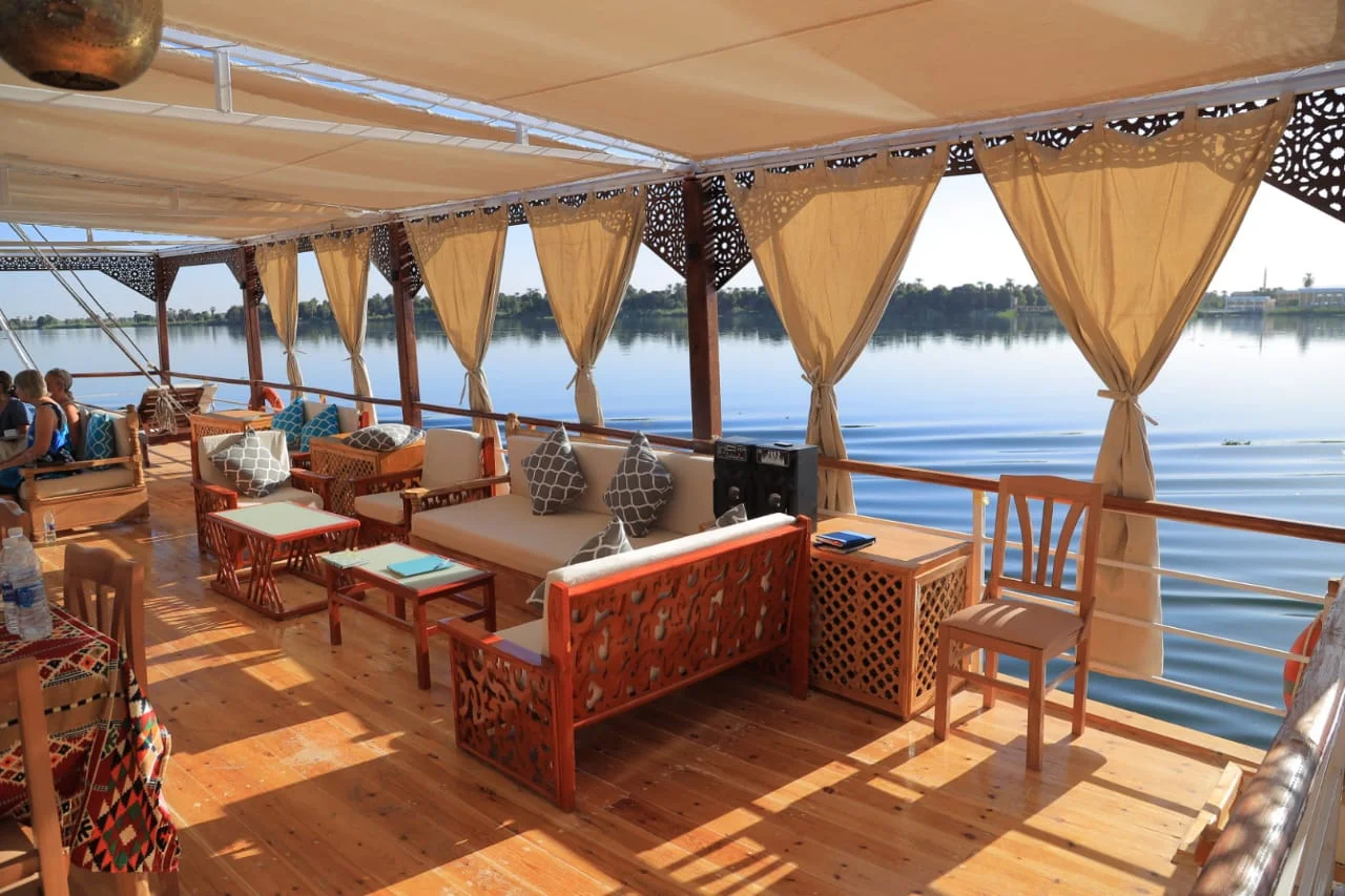 Queen Nefer shaded upper-deck lounge overlooking the Nile