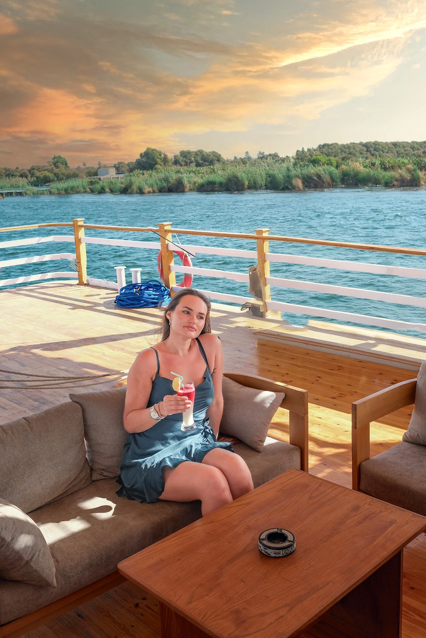 Deck lounge at dusk aboard Swan Dahabiya