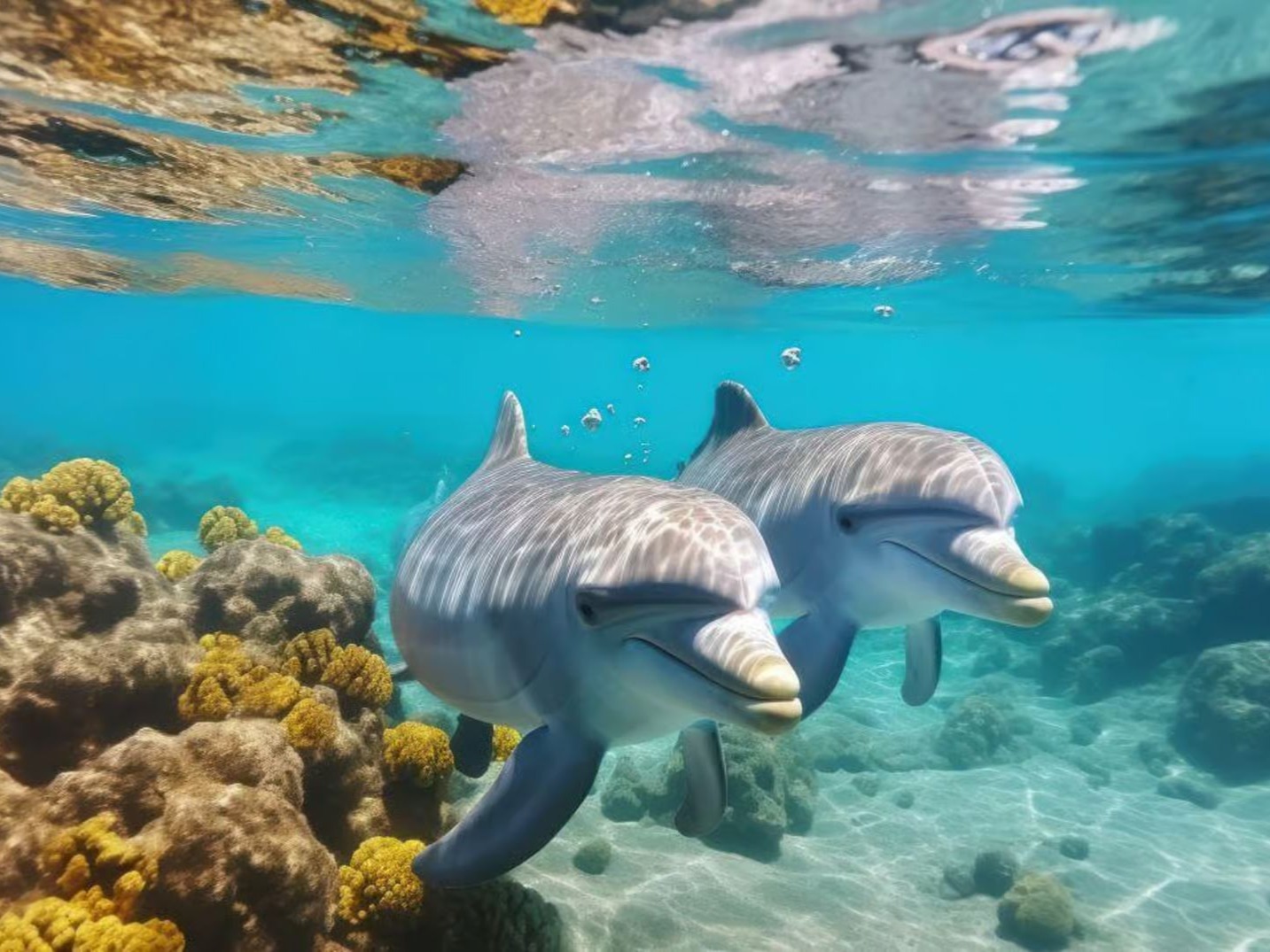 Two dolphins swimming over coral reef