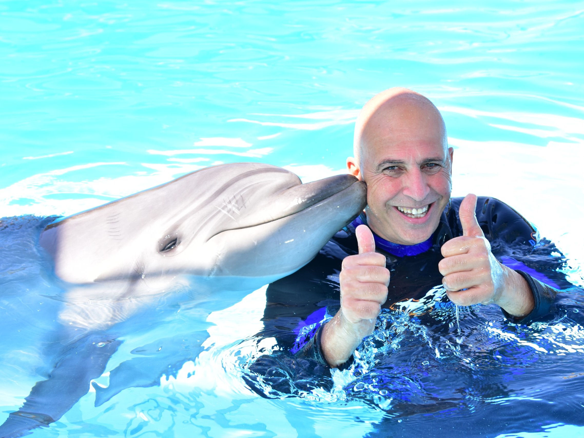 Gast bekommt einen Delfin-Kuss