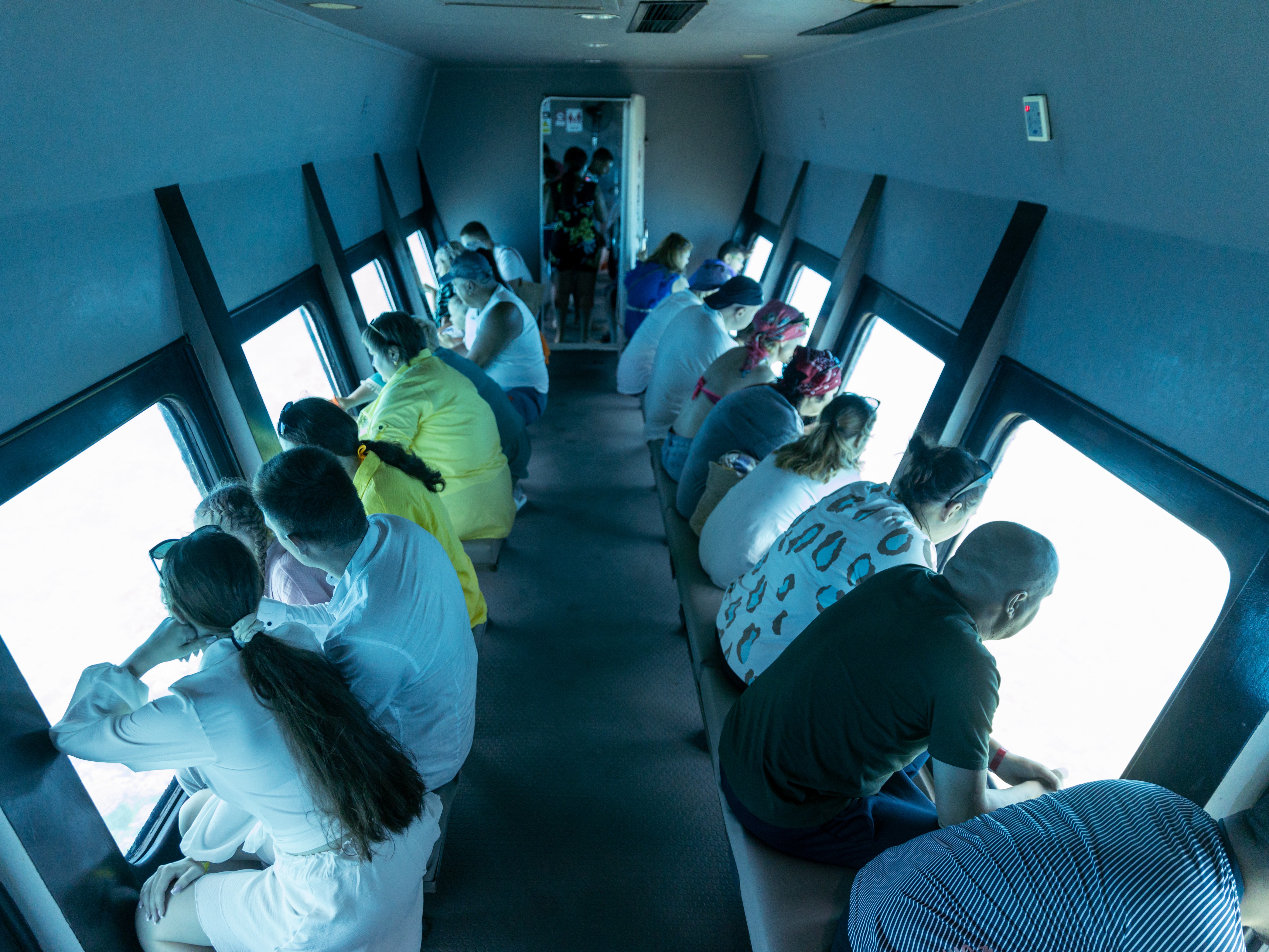Guests observing marine life from the semi-submarine