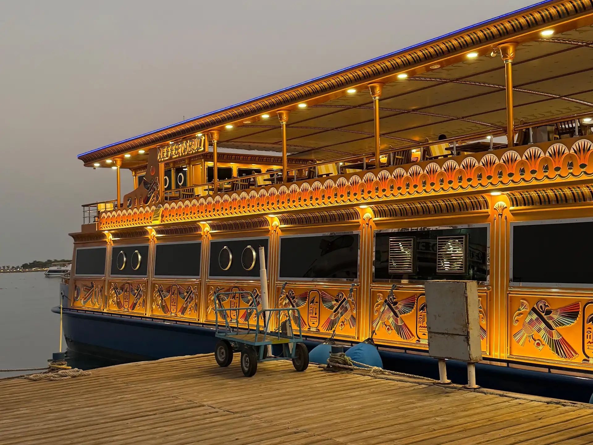 External view of the cruise ship at the dock during sunset