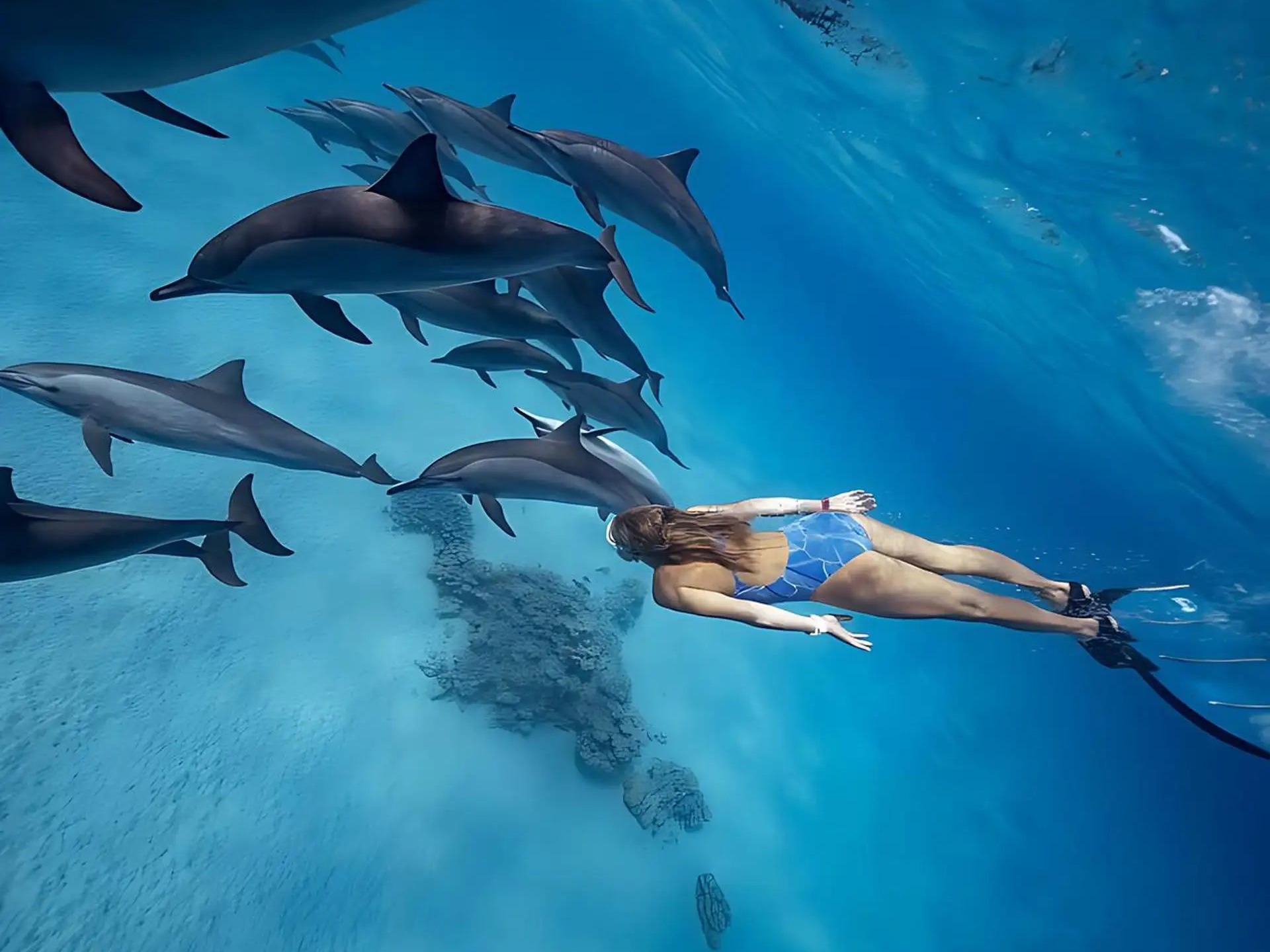 Pod of wild dolphins swimming underwater in Shaab Samadai