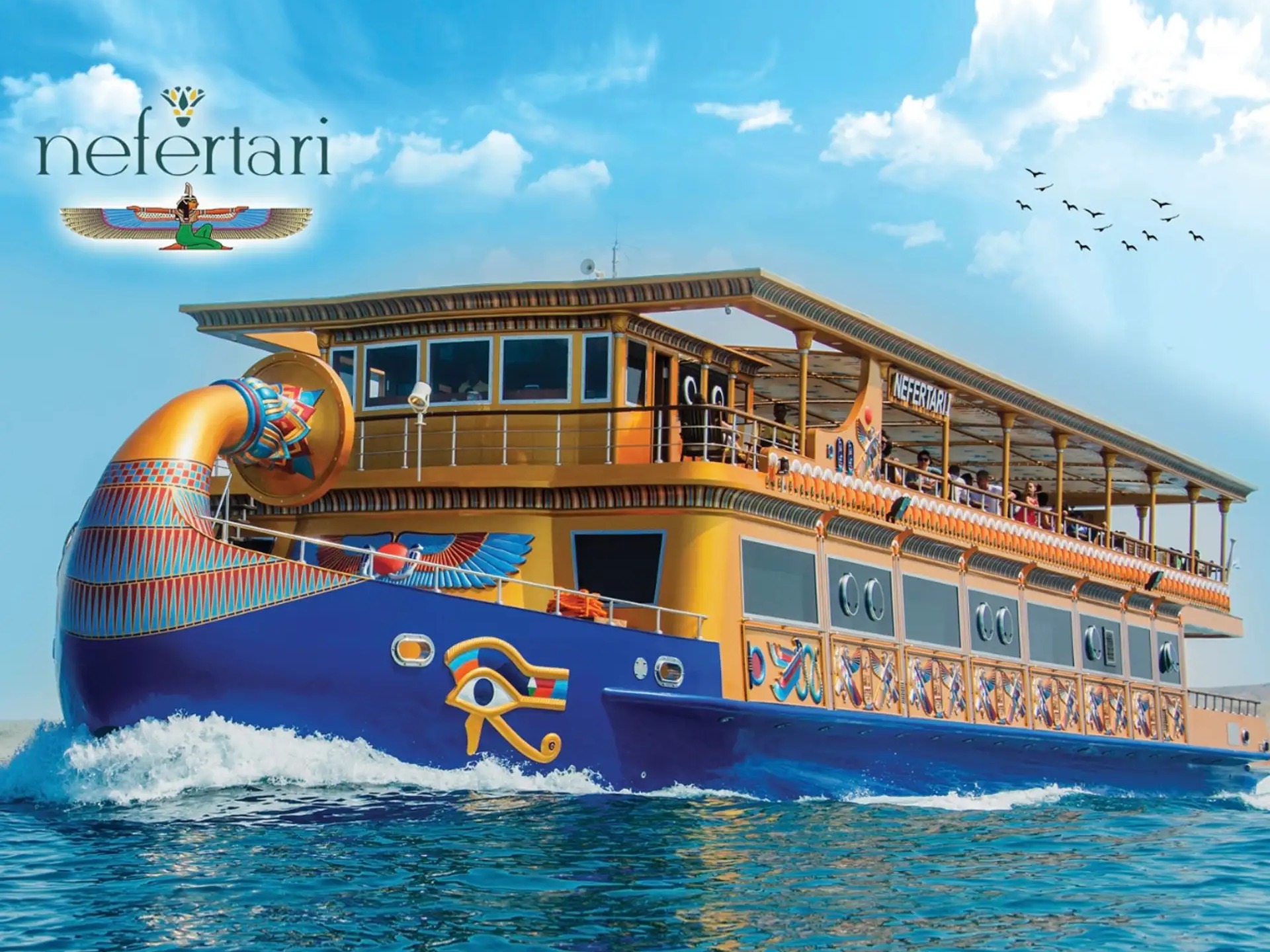 Nefertari themed boat sailing on the Red Sea with ancient Egyptian design