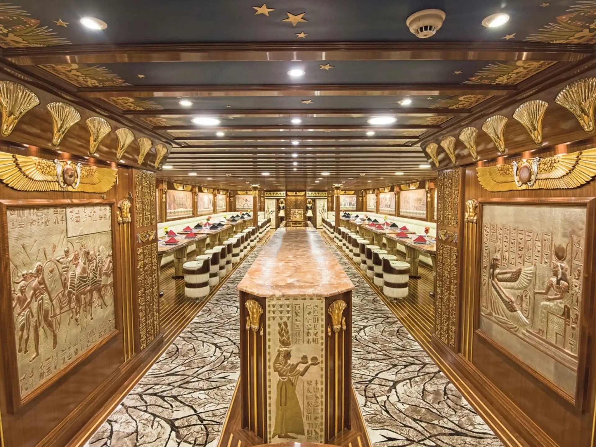 Elegant pharaonic-style dining hall inside the boat