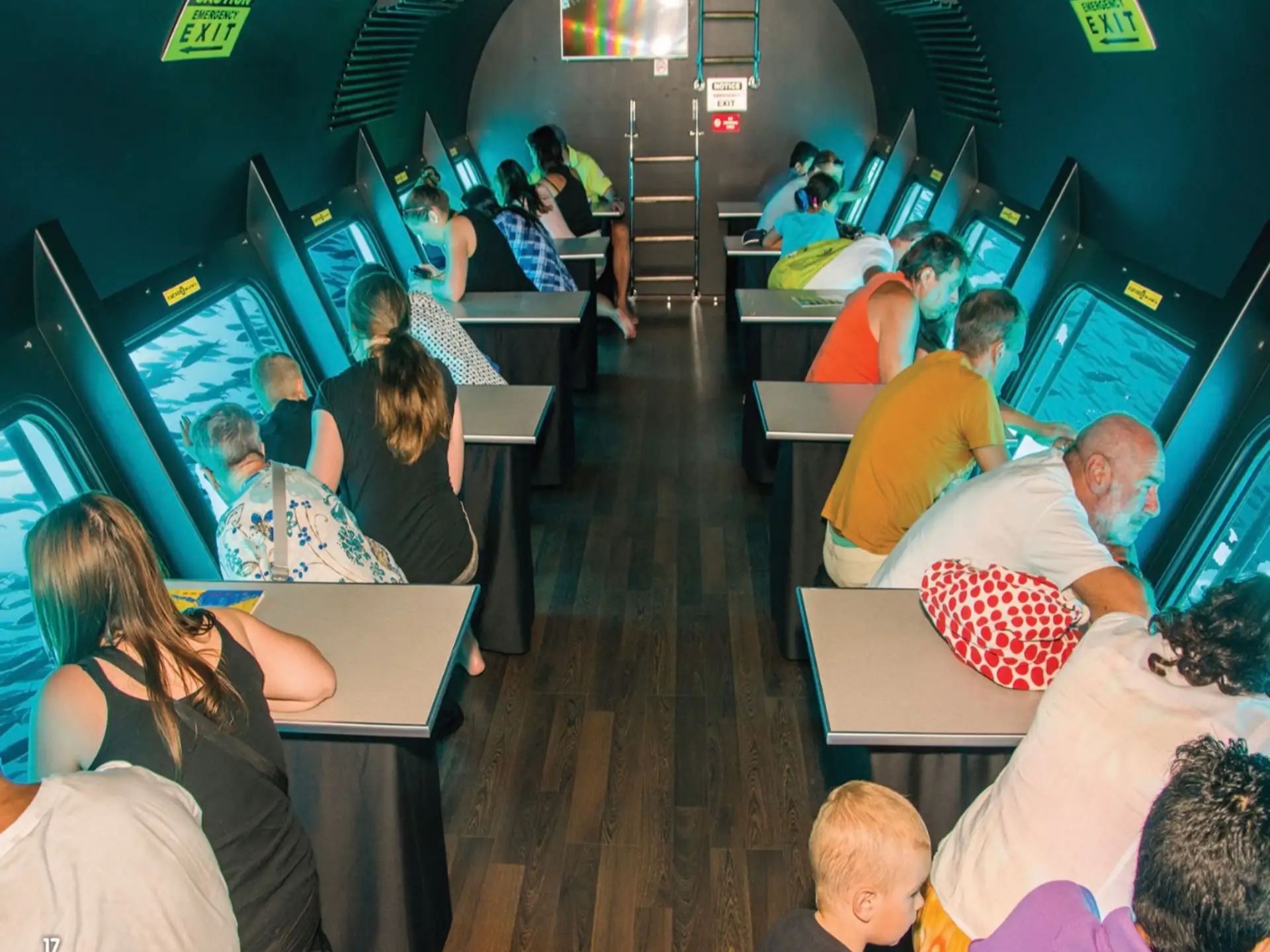 Underwater viewing area with large glass windows and guests watching marine life