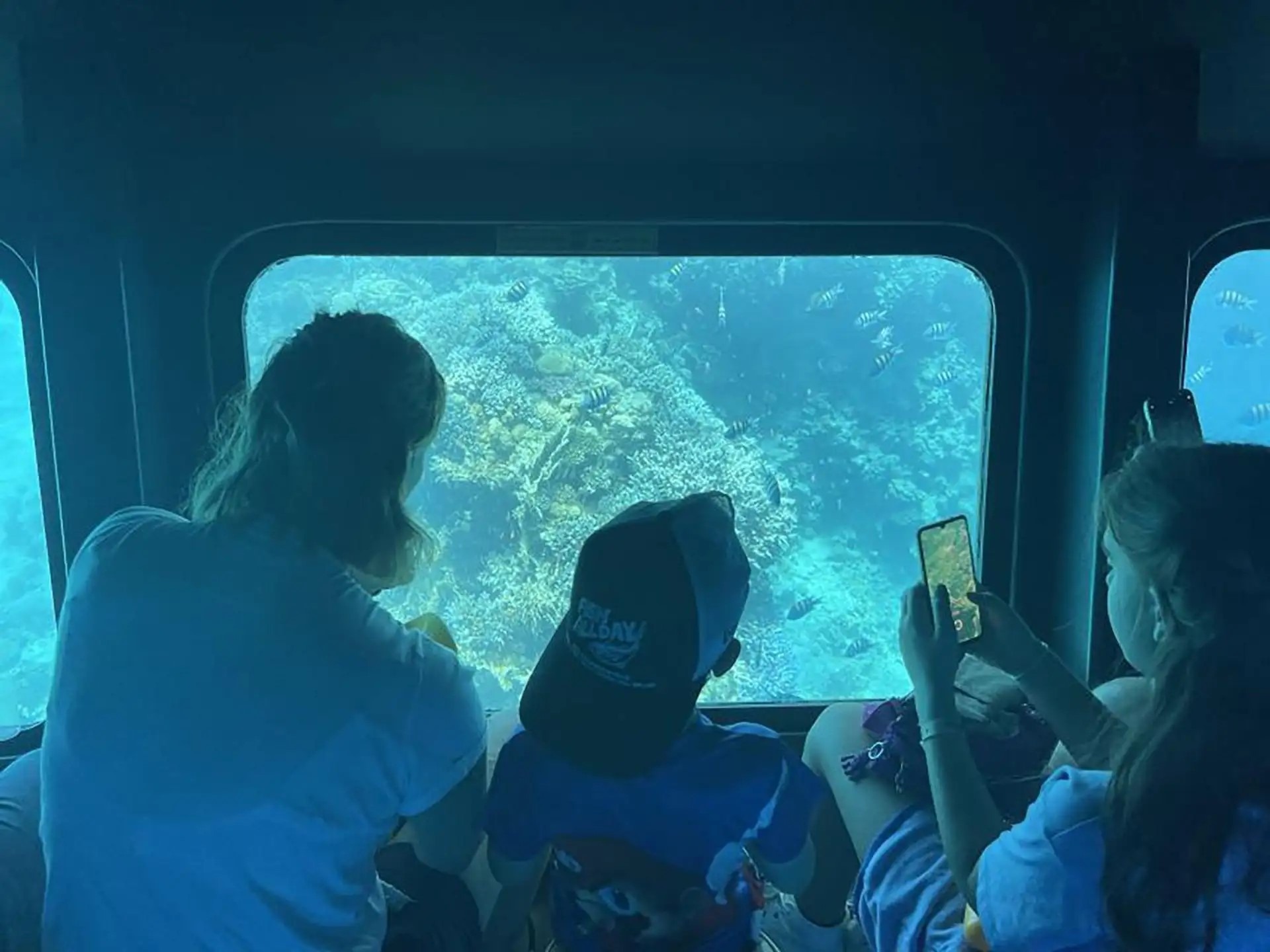 Family watching coral reef through window