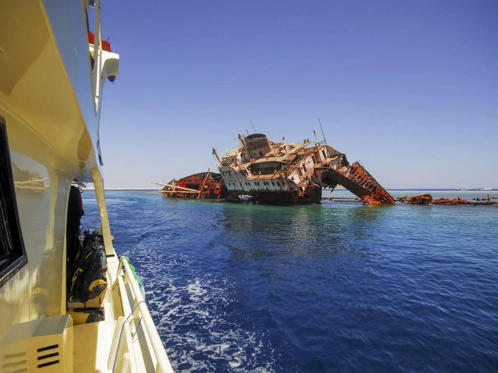 Side view of the Nefertari cruise ship on turquoise water
